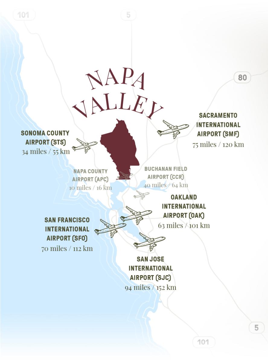 Airports near Napa Valley, California map