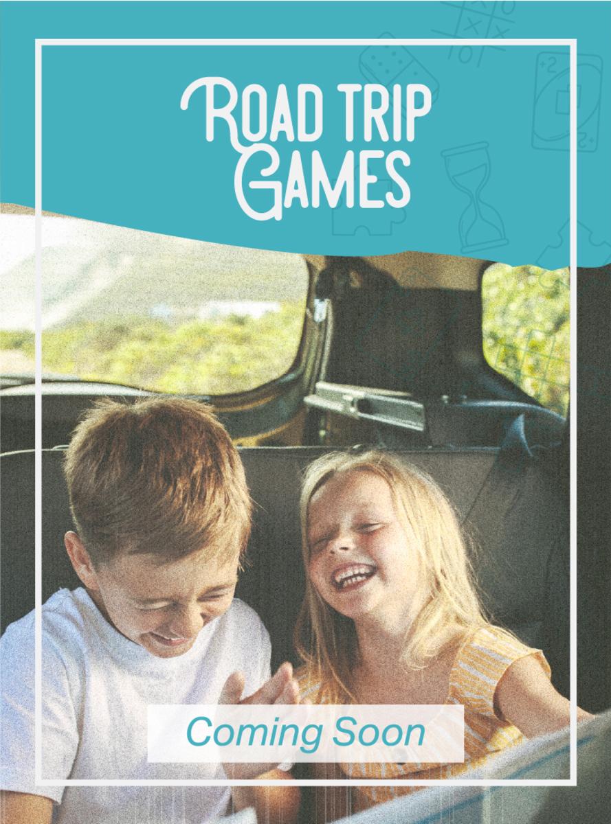 Picture of two children laughing together in the backseat of a car. Road Trip Games text at the top of the image.