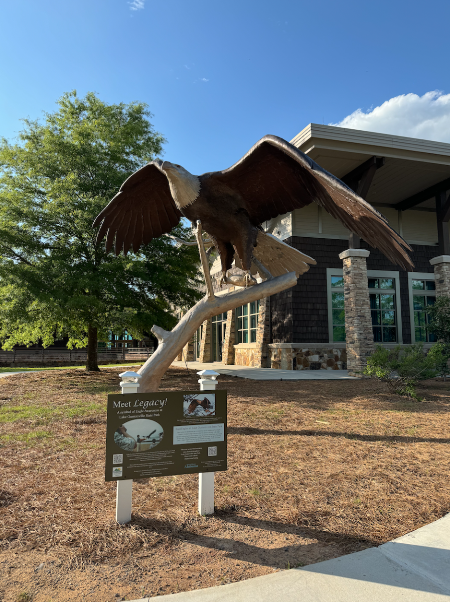 picture of eagle statue Legacy in front of the Lake Guntersville State Park lodge