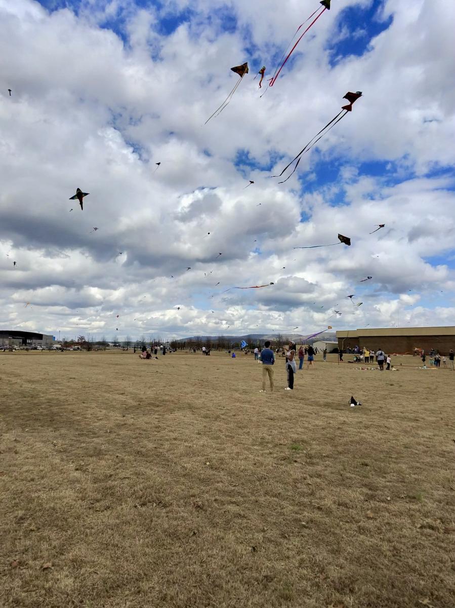 Partly cloudy sky filled with colorful kites of all shapes and sizes.