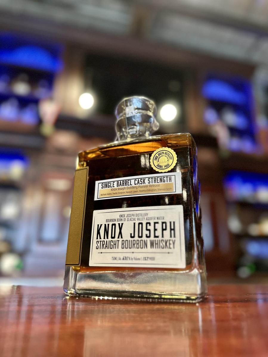 A bottle with the label Knox Joseph single barrel bourbon whiskey