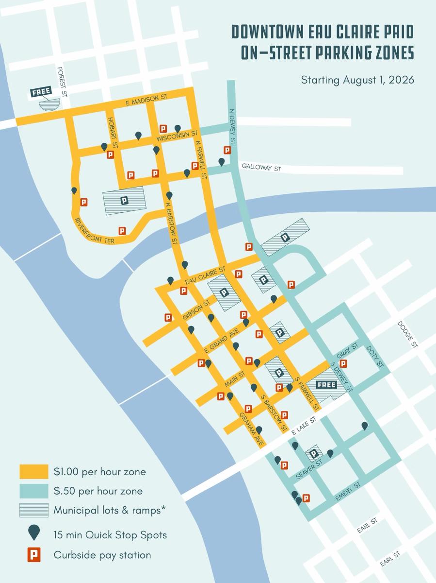 A map outlining paid-parking zones in downtown Eau Claire