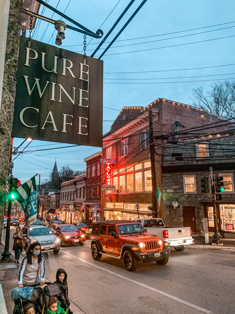 Historic Ellicott City Streets at night with view of the Pure Wine Cafe.