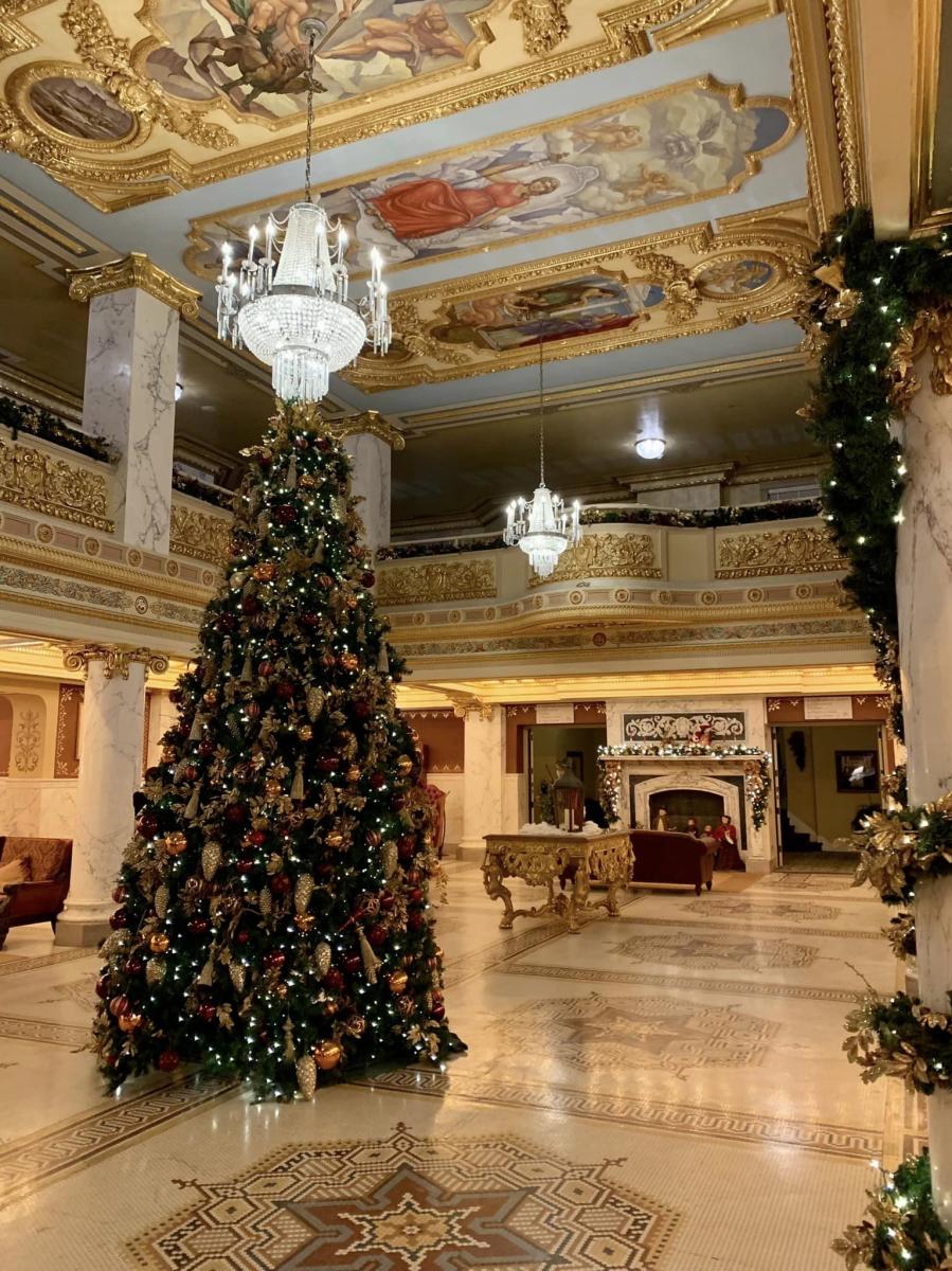 French Lick Springs Hotel lobby at Christmas