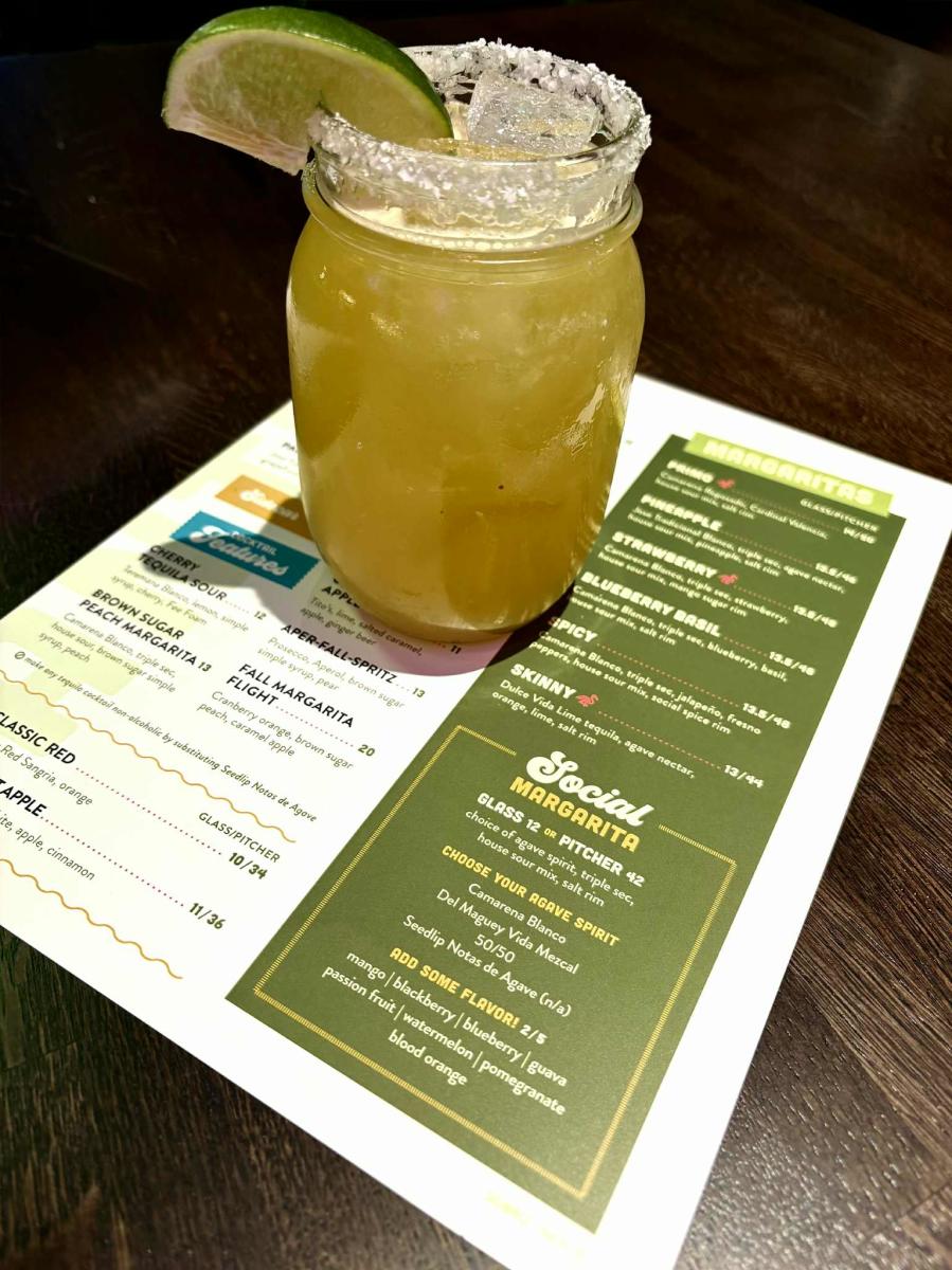 Social Cantina menu and margarita