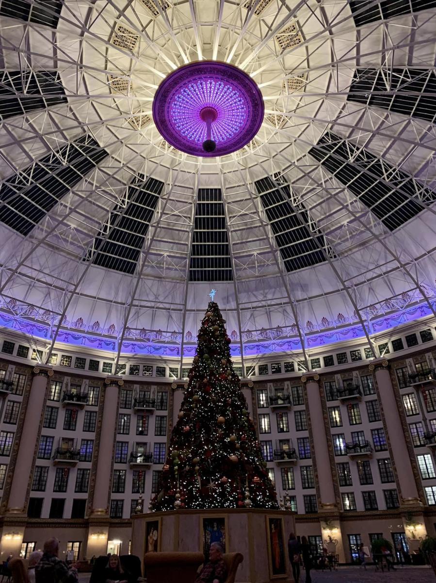 West Baden Springs hotel atrium at Christmas, light show