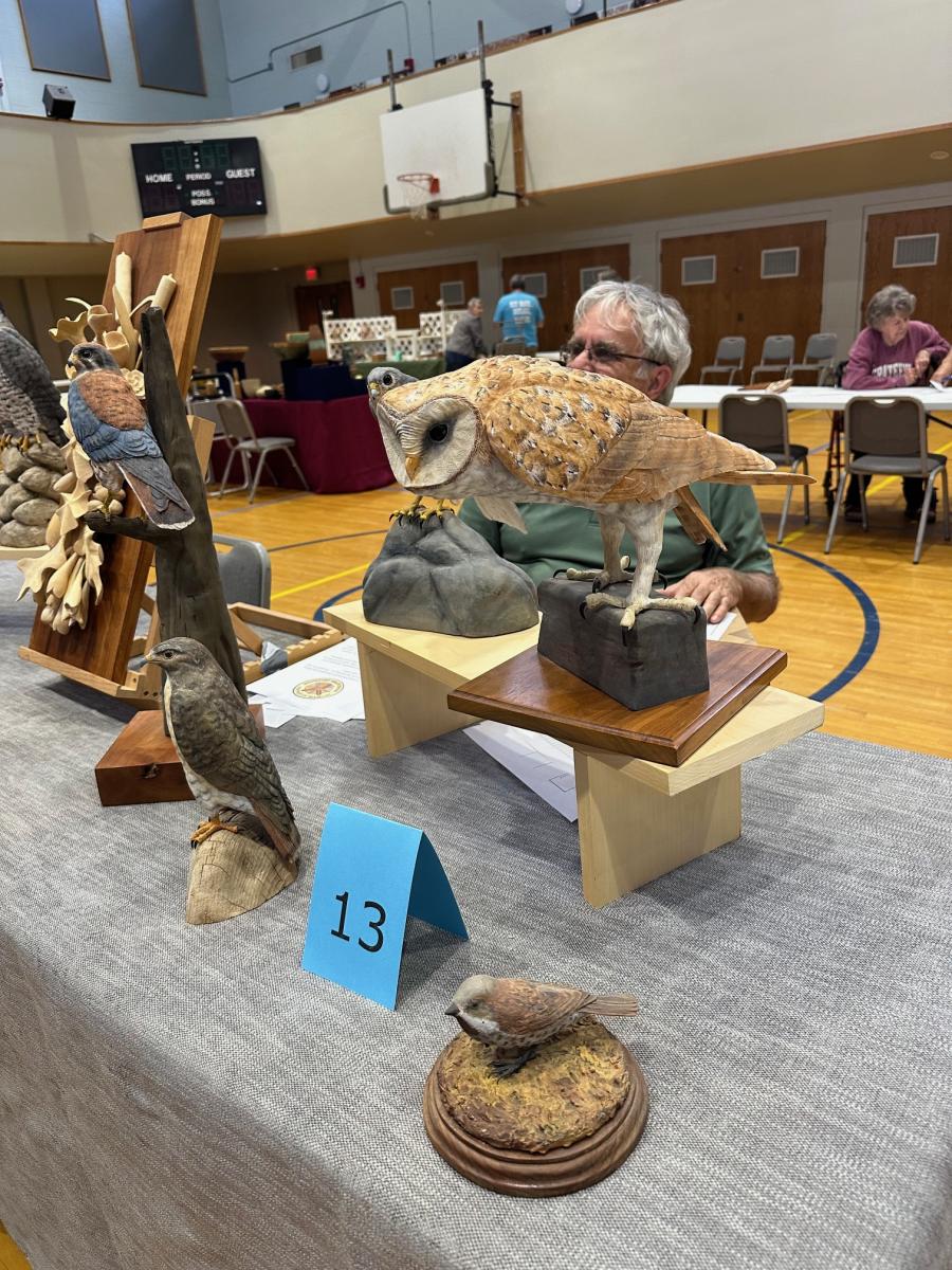 Hand carved wooden birds and owls are setting on a table.