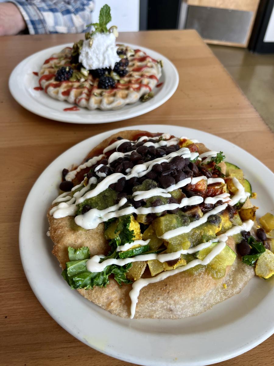 Two plates featuring waffles from Itality Plant Based Foods.