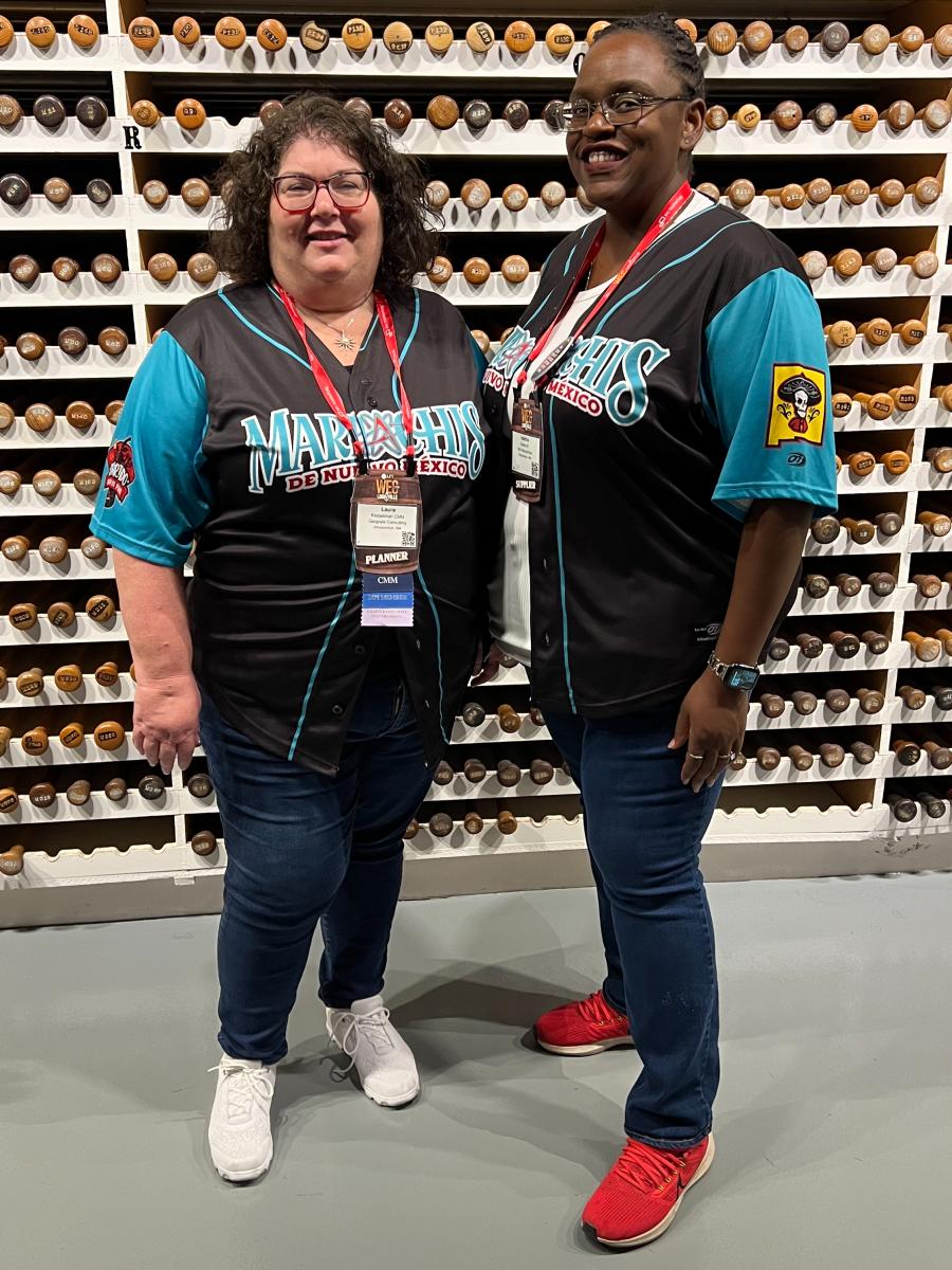 Laura and Tabitha sporting Albuquerque Mariachi uniforms at the Louisville Slugger Museum during the Opening Reception.