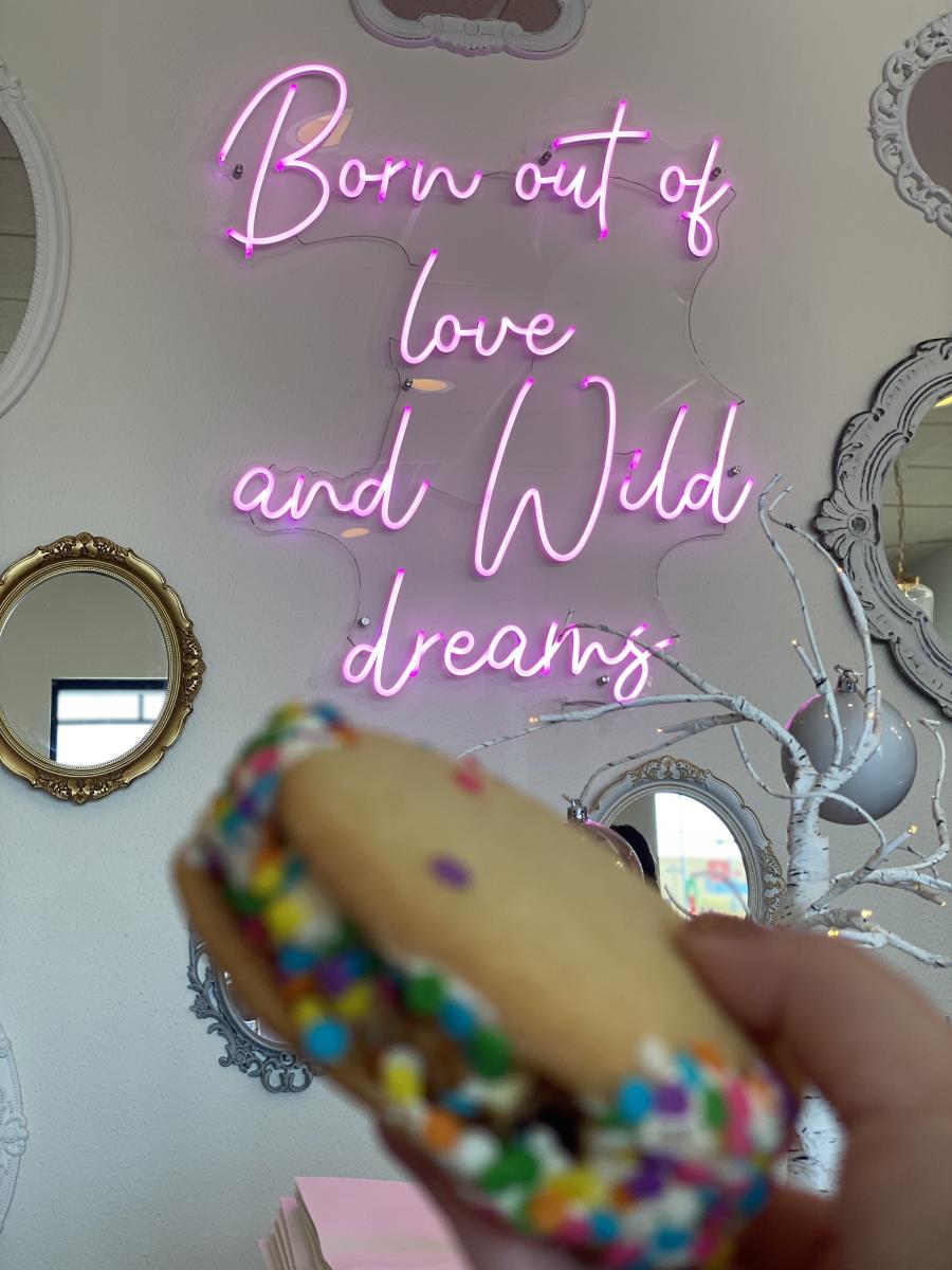 sachi cookie sandwich against born out of love and wild dreams neon sign