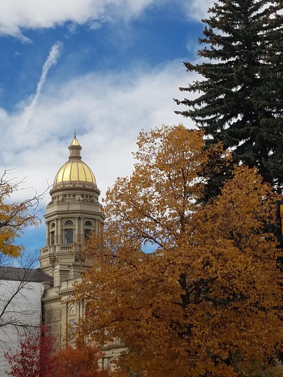 Wyoming State Capitol with fall foliage in front of blue skies with brilliant white clouds