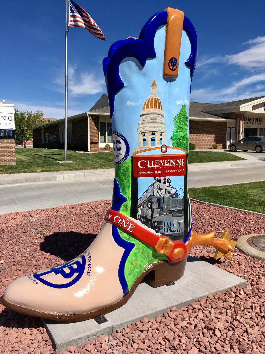 Larger than life cowboy boot sits outside Wyoming Bank and Trust, in Cheyenne.