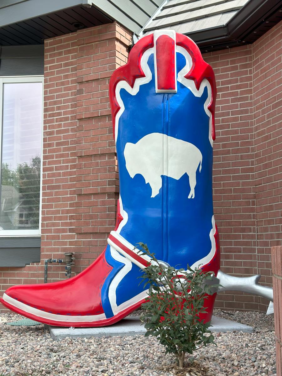 The Wyoming flag, painted on a 8' cowboy boot.