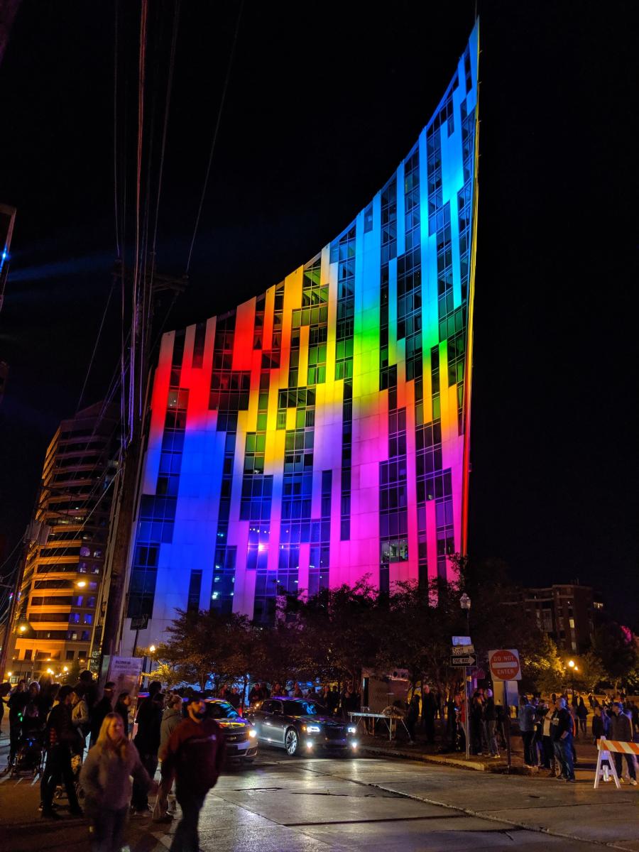 The Ascent in Covington Ky, lighted up in rainbow colors for the BLINK festival