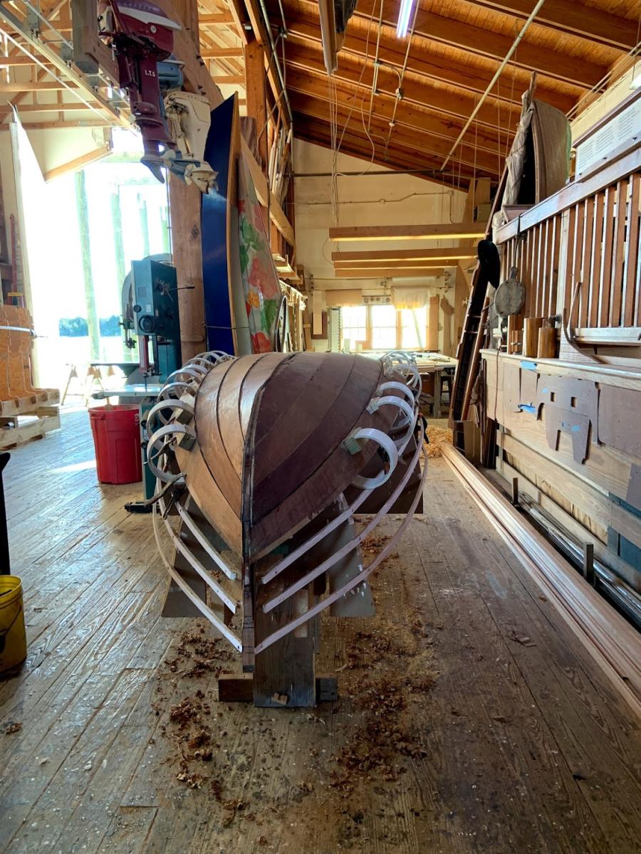 Visitors can see wooden boats being built at the Watercraft Center