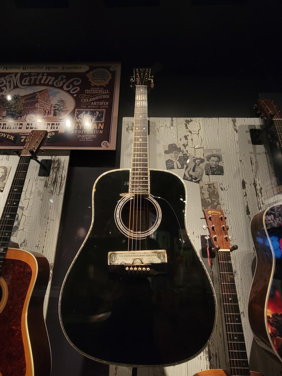 The D-42JC Johnny Cash Signature Edition Prototype guitar on display at the Martin Guitar Museum in Nazareth, Pa.