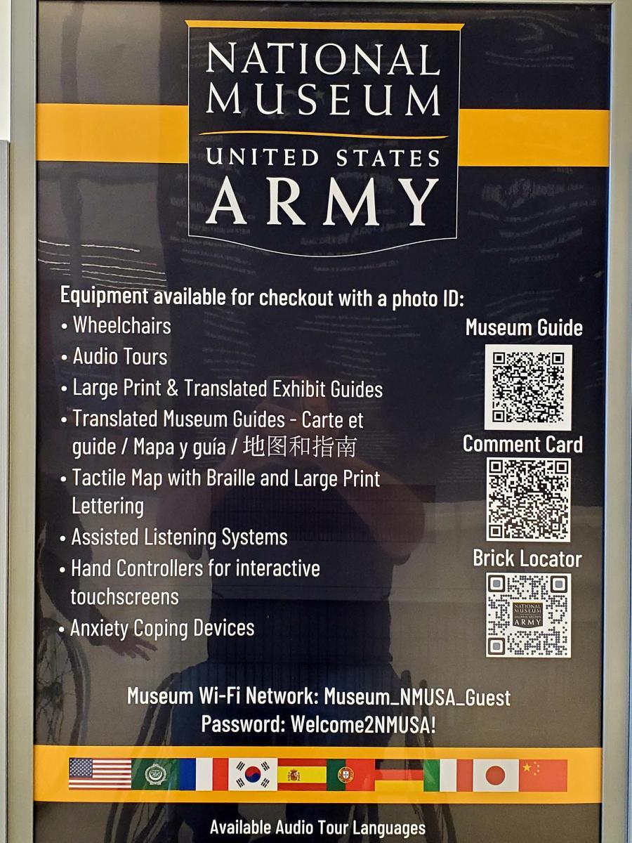 Picture of signage detailing equipment rentals available to check out at National Museum of U.S. Army