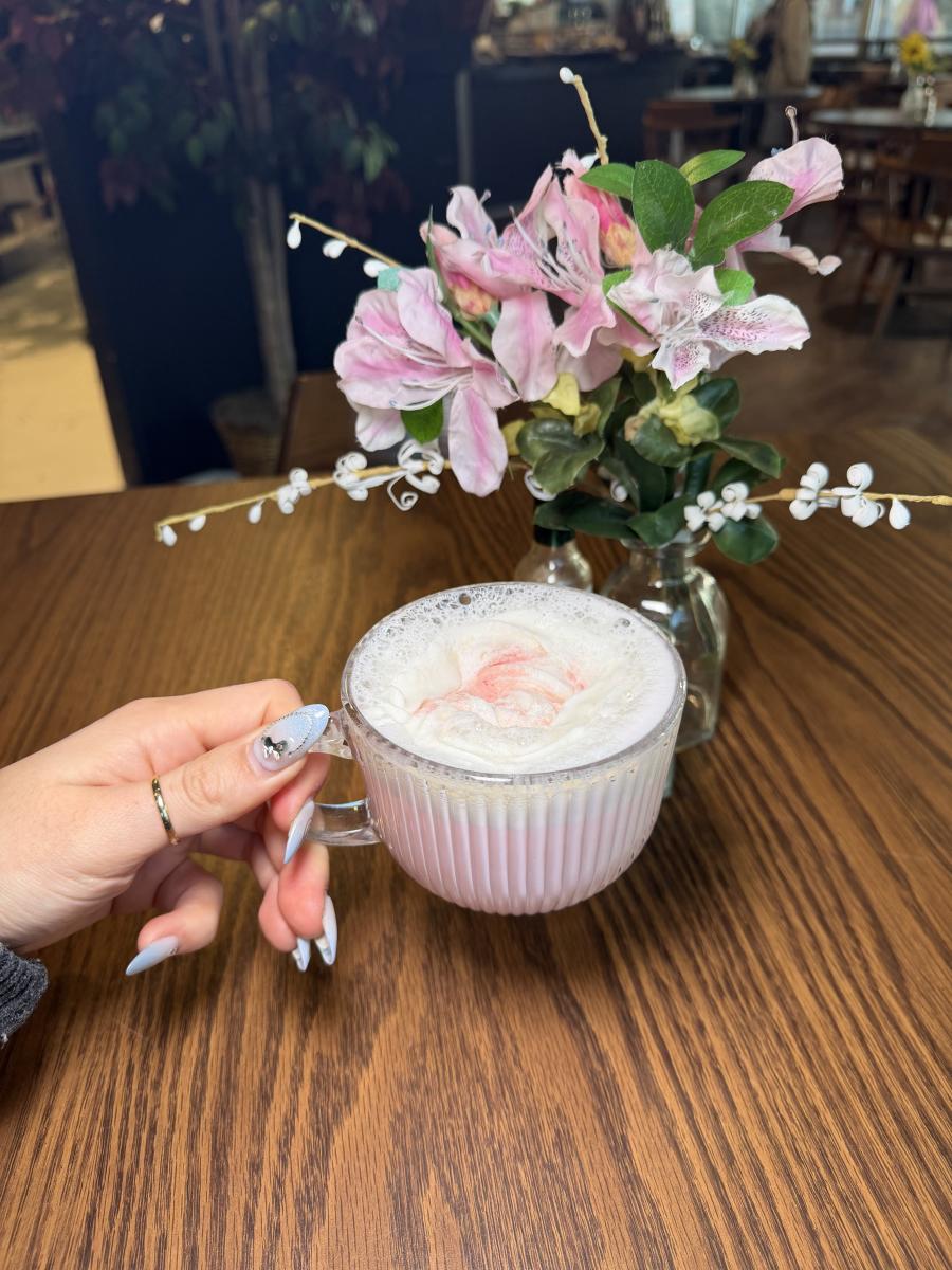 Cherry Blossom Latte at Cozy District Cafe
