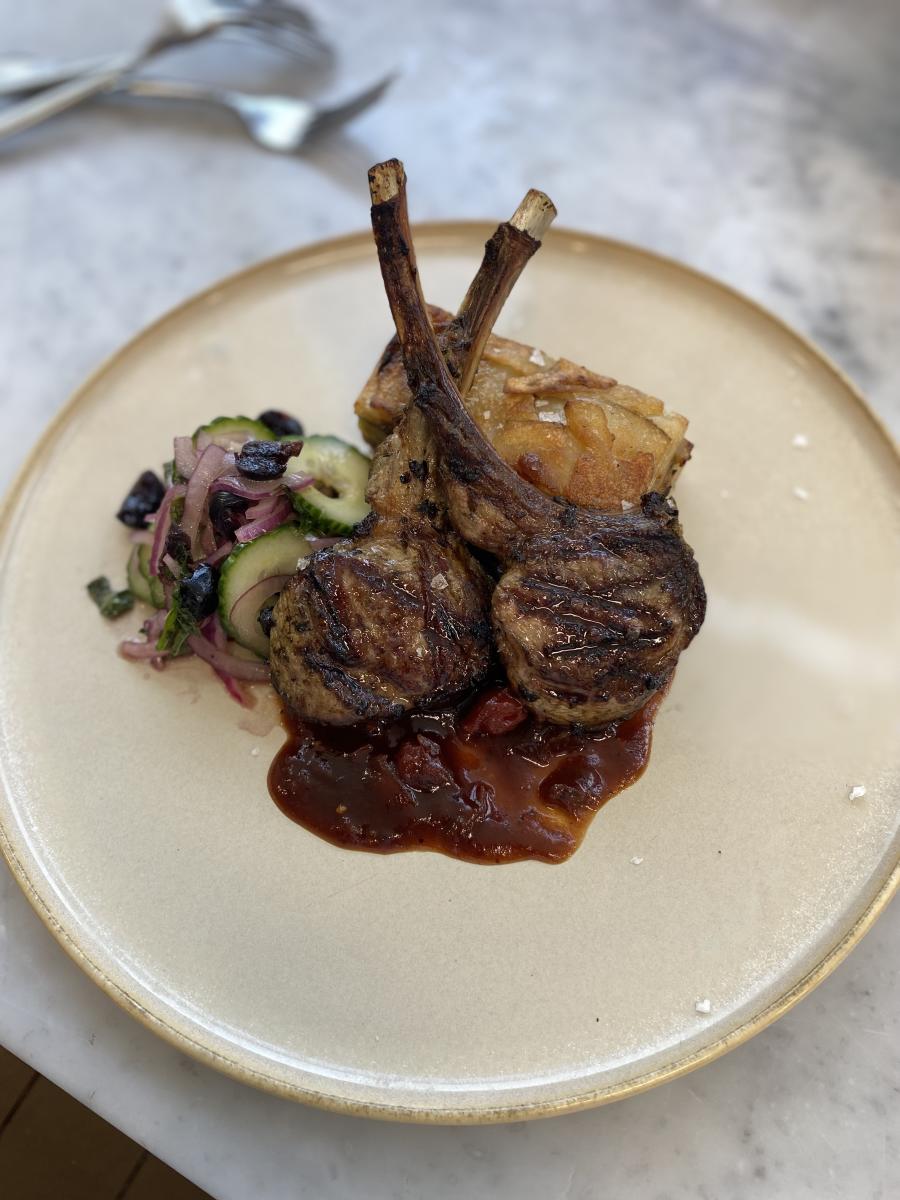 Grilled lamb chops with a cucumber cherry mint salad