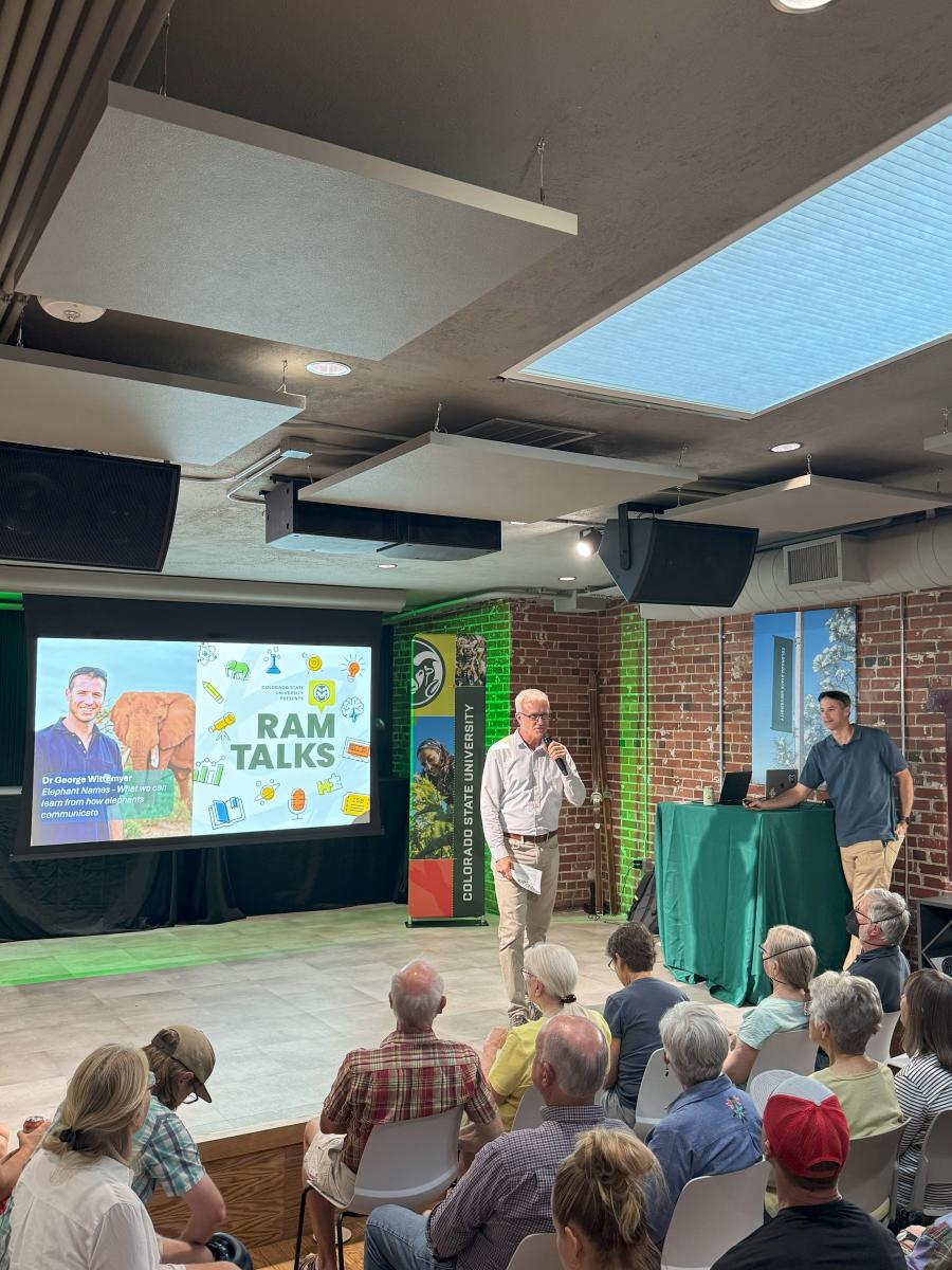 Person standing on stage talking to a crowd with "ram talks" on screen