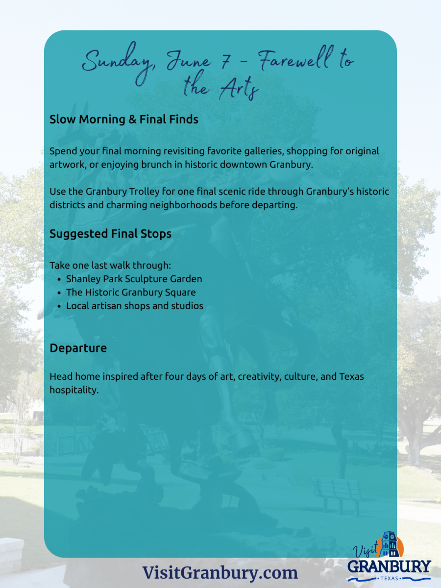 Sunday, June 7 - Farewell tothe ArtsSlow Morning & Final FindsSpend your final morning revisiting favorite galleries, shopping for originalartwork, or enjoying brunch in historic downtown Granbury.Use the Granbury Trolley for one final scenic ride through Granbury’s historicdistricts and charming neighborhoods before departing.Suggested Final StopsTake one last walk through:Shanley Park Sculpture GardenThe Historic Granbury SquareLocal artisan shops and studiosDepartureHead home inspired after four days of art, creativity, culture, and Texashospitality.