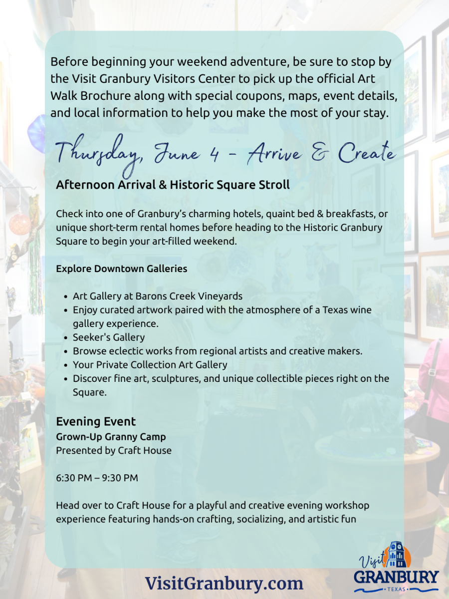 Thursday, June 4 - Arrive & CreateAfternoon Arrival & Historic Square StrollCheck into one of Granbury’s charming hotels, quaint bed & breakfasts, orunique short-term rental homes before heading to the Historic GranburySquare to begin your art-filled weekend.Explore Downtown GalleriesArt Gallery at Barons Creek VineyardsEnjoy curated artwork paired with the atmosphere of a Texas winegallery experience.Seeker's GalleryBrowse eclectic works from regional artists and creative makers.Your Private Collection Art GalleryDiscover fine art, sculptures, and unique collectible pieces right on theSquare.Evening EventGrown-Up Granny CampPresented by Craft House6:30 PM – 9:30 PMHead over to Craft House for a playful and creative evening workshopexperience featuring hands-on crafting, socializing, and artistic fun