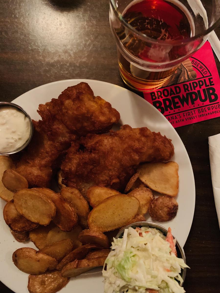 Broad Ripple Brewpub fish and chips, beer