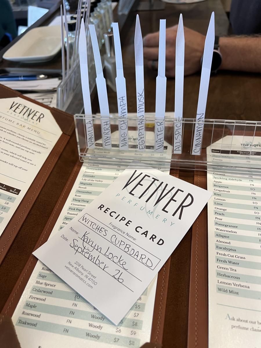 vetiver perfumery new albany - making a recipe card