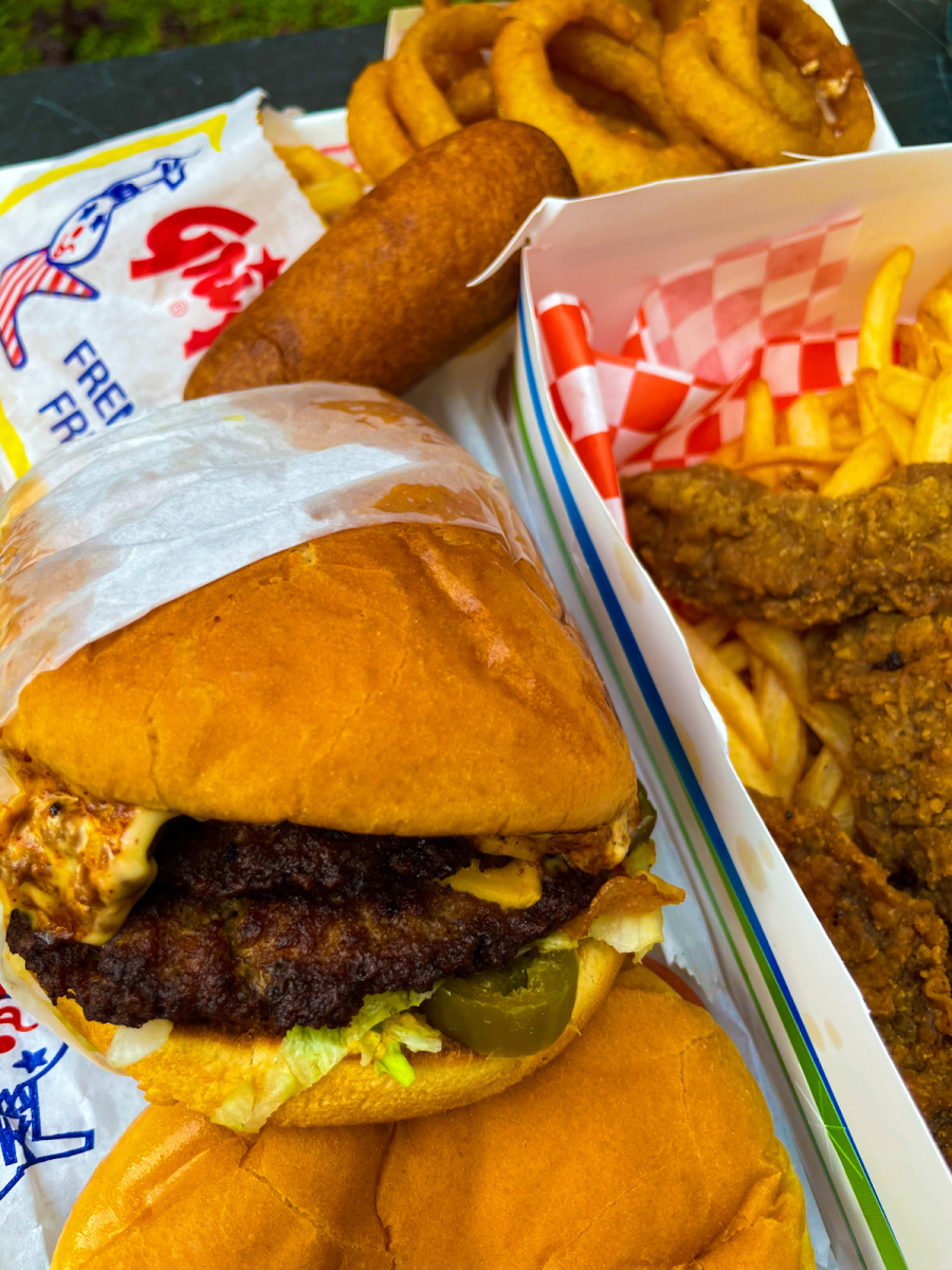 Cheeseburger, Corndog and Onion Rings