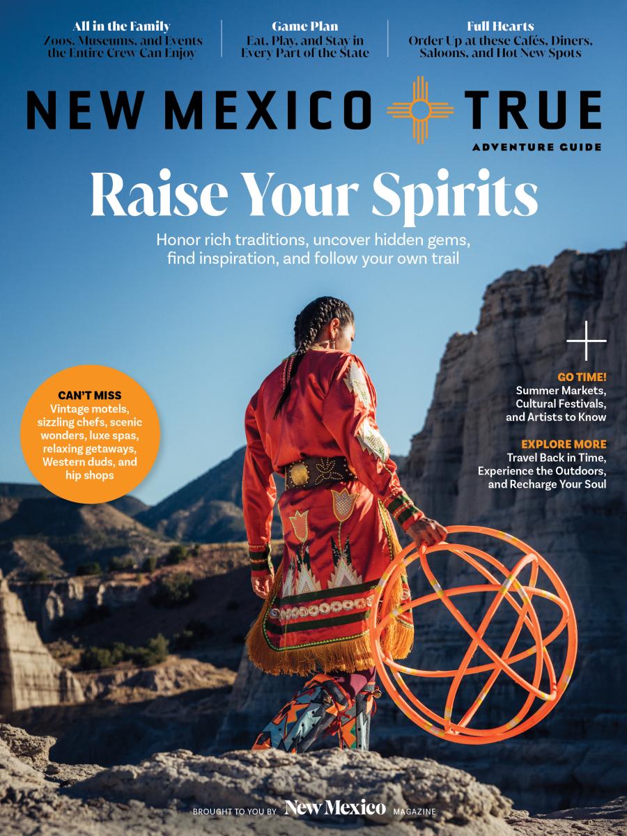 Promotional travel guide cover for New Mexico featuring an individual in traditional attire performing a hoop dance in a desert landscape, with text promoting local attractions and experiences.