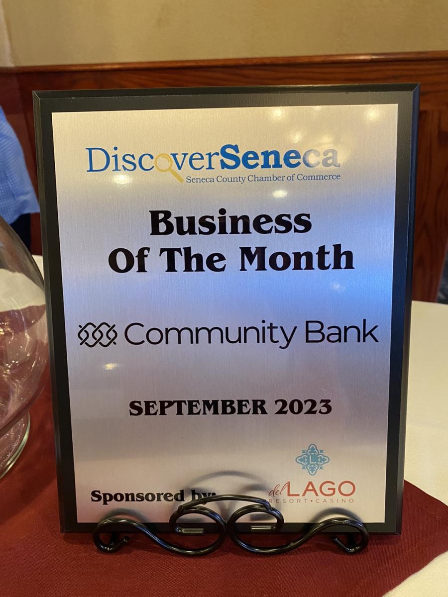 Plaque honoring Community Bank as the September 2023 Business of the Month