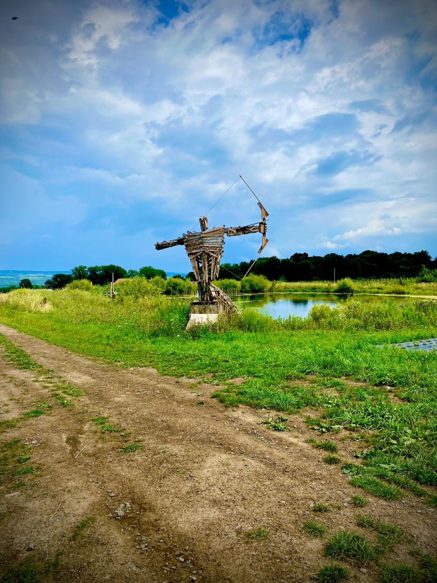wooden man holding bow and arrow in front of pond in field of grass and dirt under blue sky