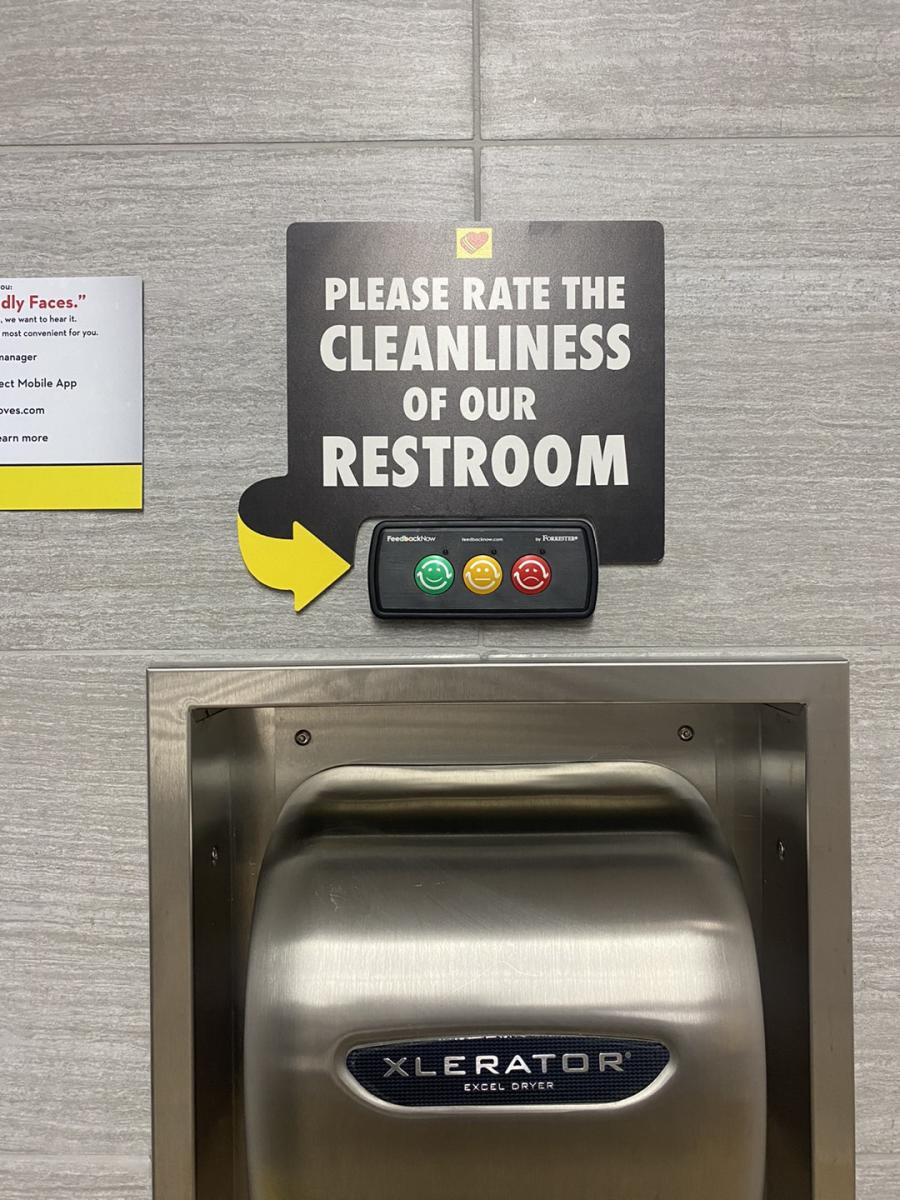 sign with colorful buttons to rate a bathroom's cleanliness
