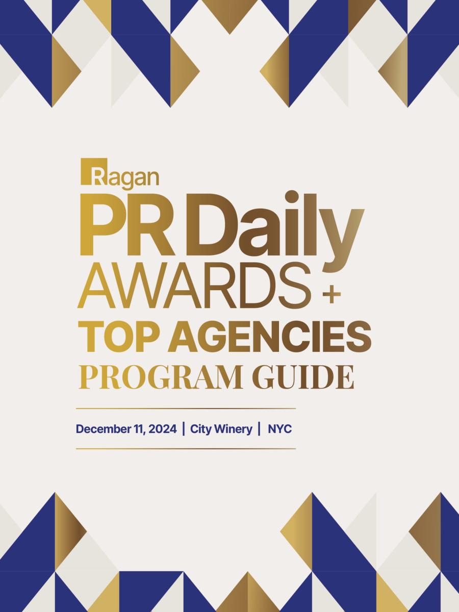 A cream-colored page with a royal blue and gold geometric pattern along the top and bottom boarders. Gold text in the center reads, "Ragan PR Daily AWARDS + TOP AGENCIES PROGRAM GUIDE." Below this, small royal blue text says, "December 11, 2024 | City Winery | NYC