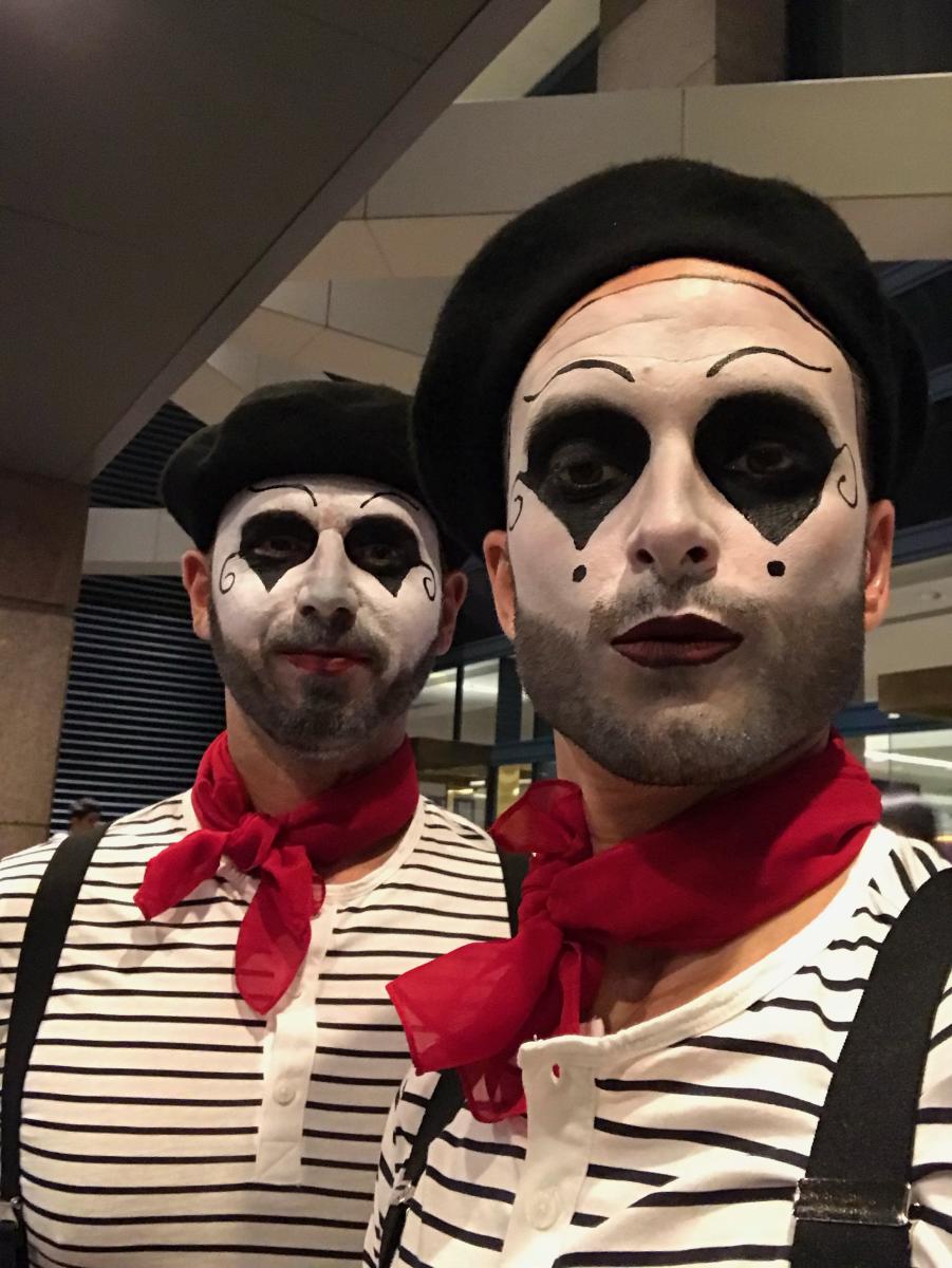 Two men dressed up as mimes for Halloween