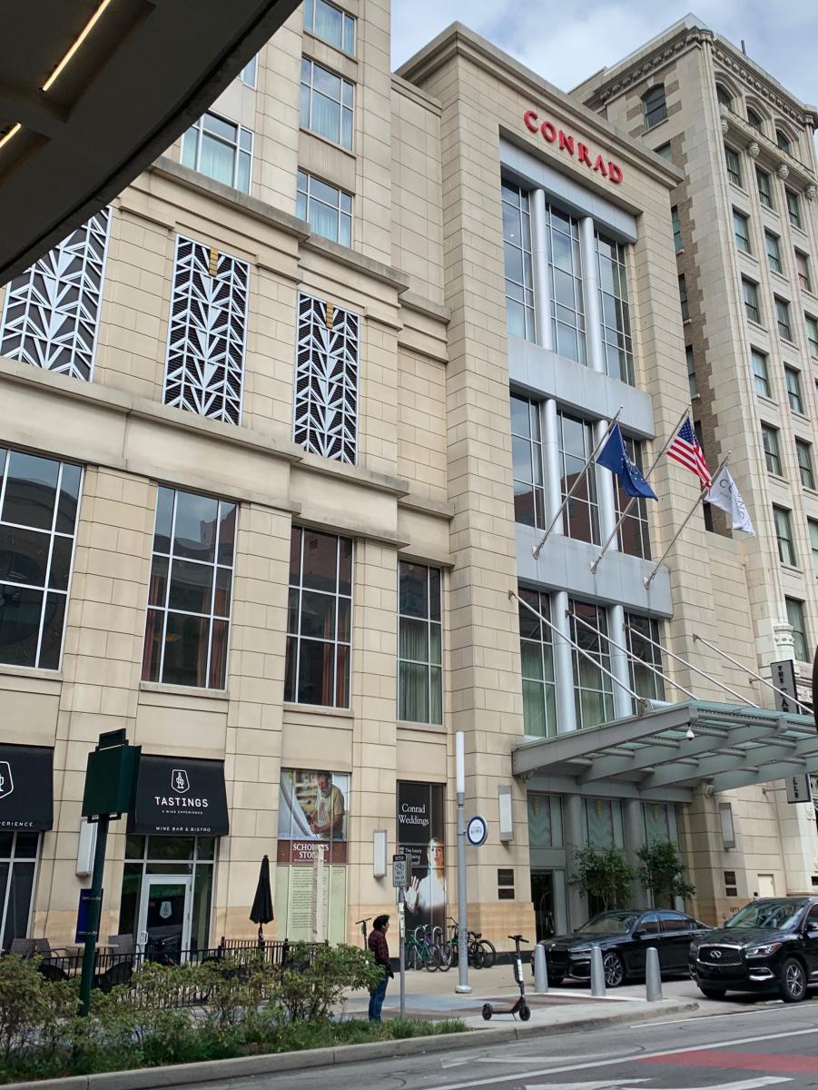 Exterior of the Conrad Hotel in downtown Indy