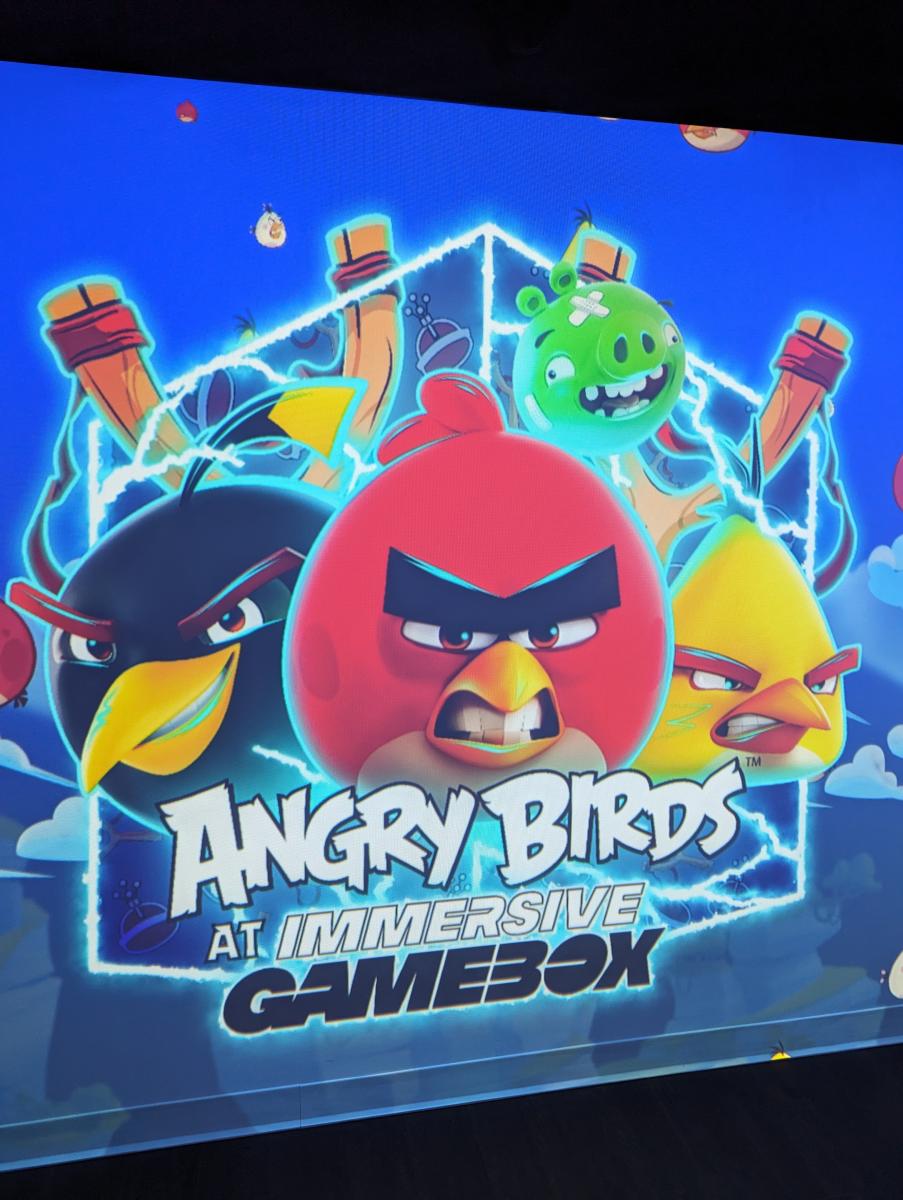 Image is of the Angry Birds logo, projected on the wall at Immersive Gamebox.