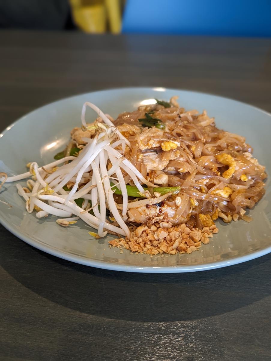 Image is of Thai Pavilion's pad Thai on a gray plate which has rice, chicken and veggies.