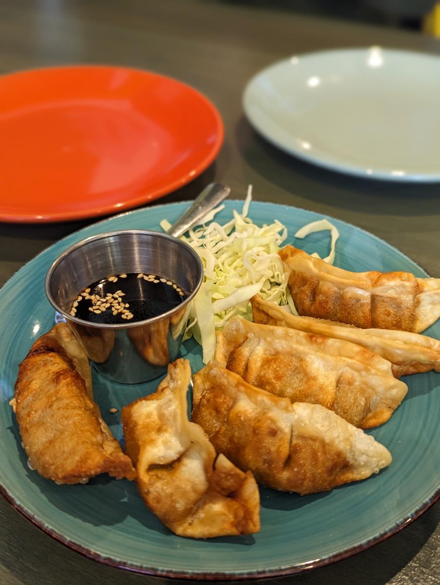 The image is of 7, crispy, chicken pot stickers with a slaw and dipping sauce to the side.