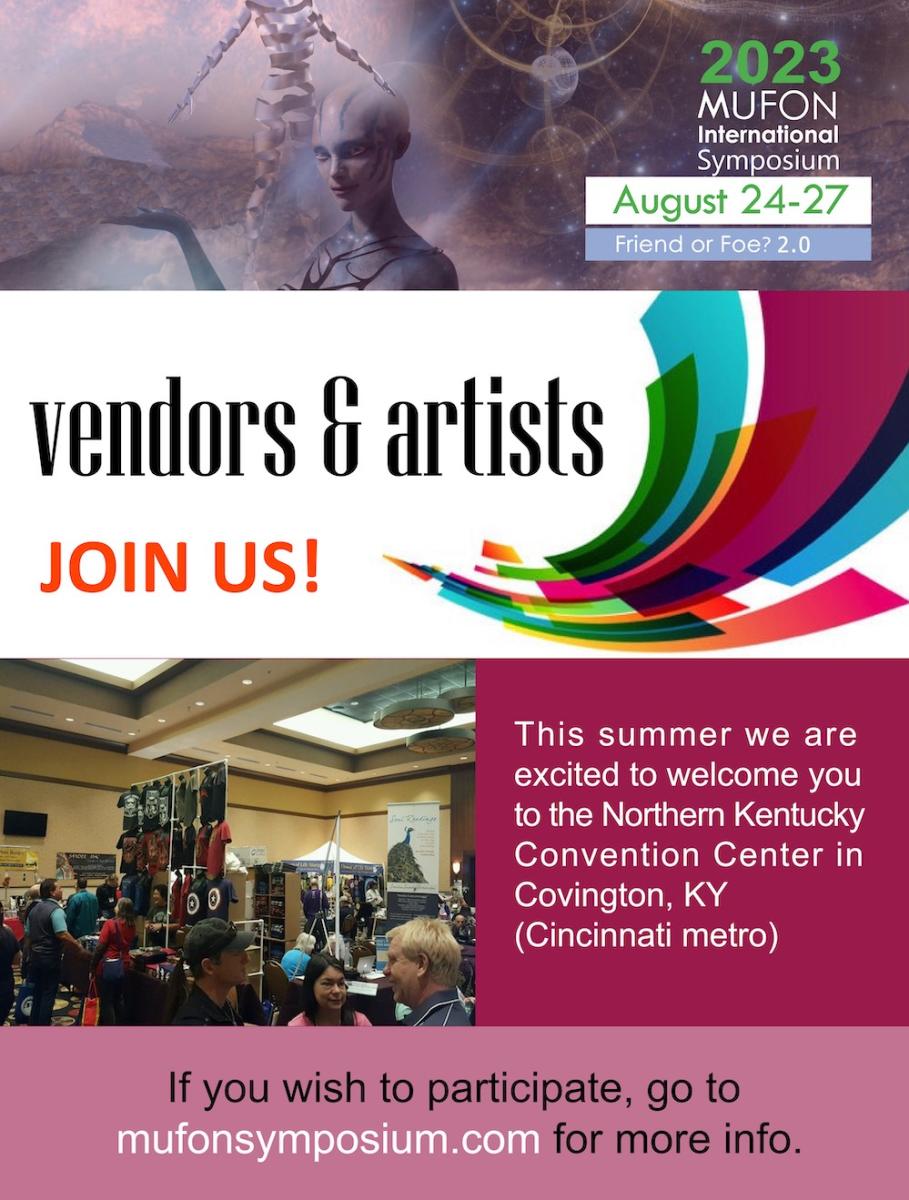 A flyer for the MUFON Symposium asks for artists and vendors to apply