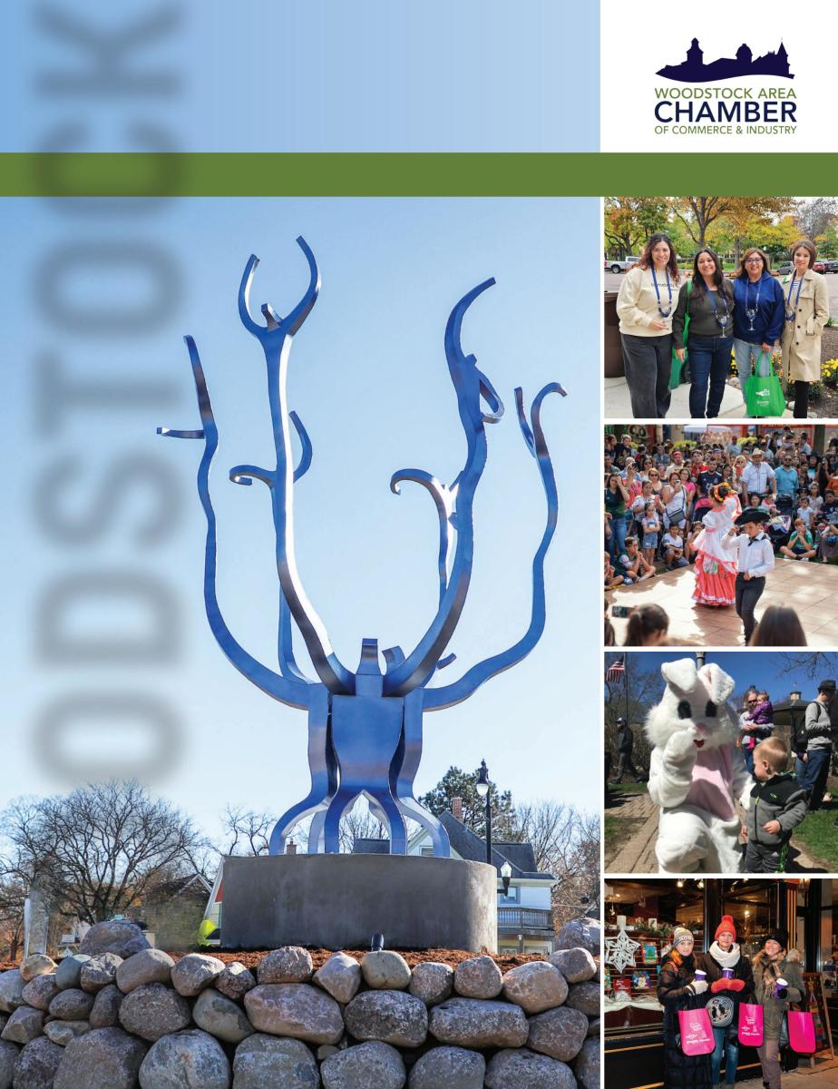 Front Page of the Woodstock Chamber Guide 2026 featuring the roundabout artwork entitled Whorled.