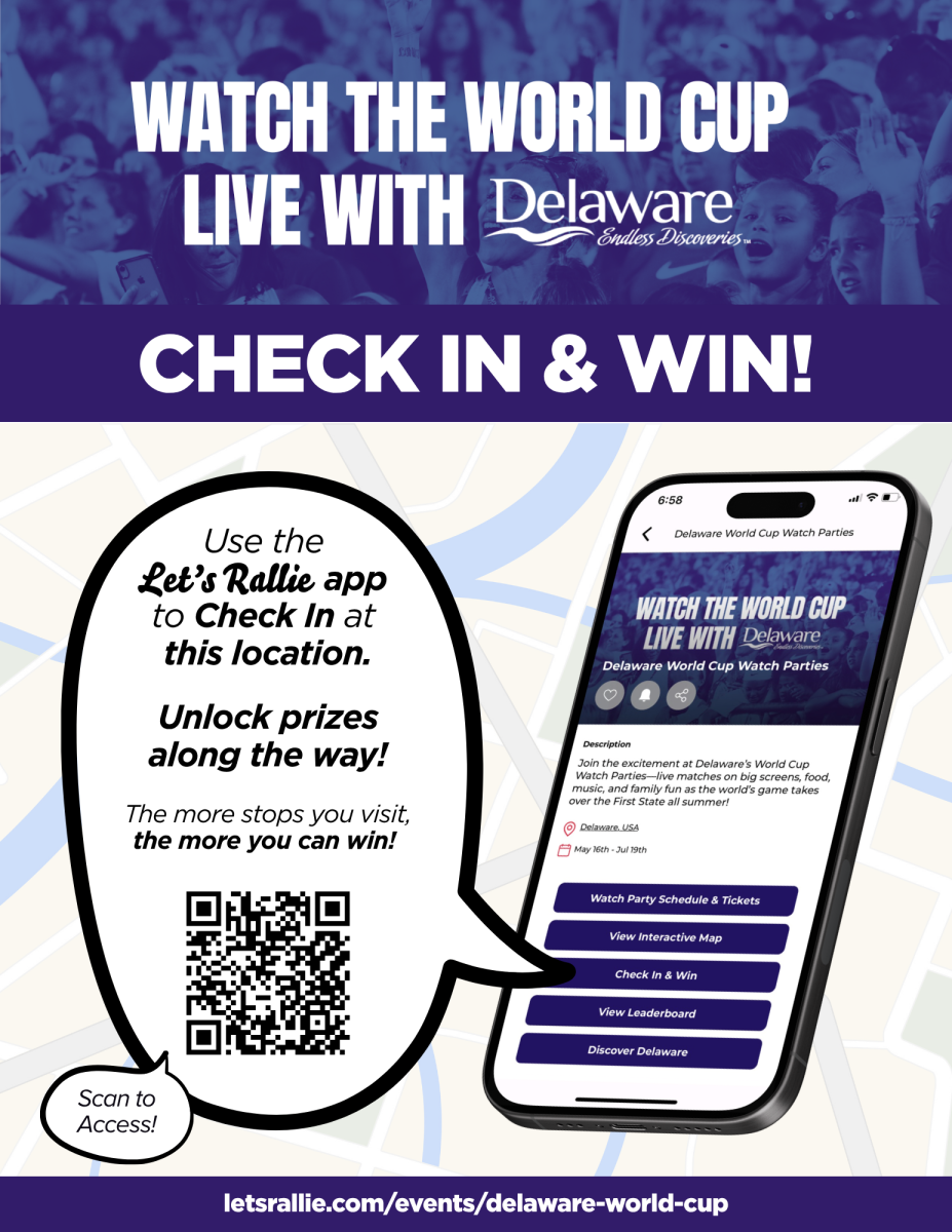 A flyer from Let's Rallie covering details regarding prizes for checking in to Delaware's World Cup Watch Parties.