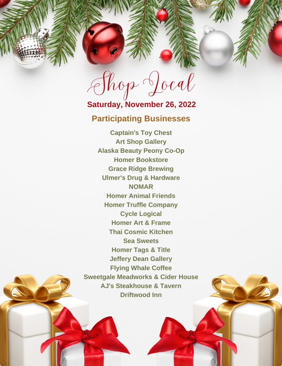 A list of Business Names participating in Homer's Shop Local Event with a Christmas background including wrapped gifts, wreaths and red and gold ornaments