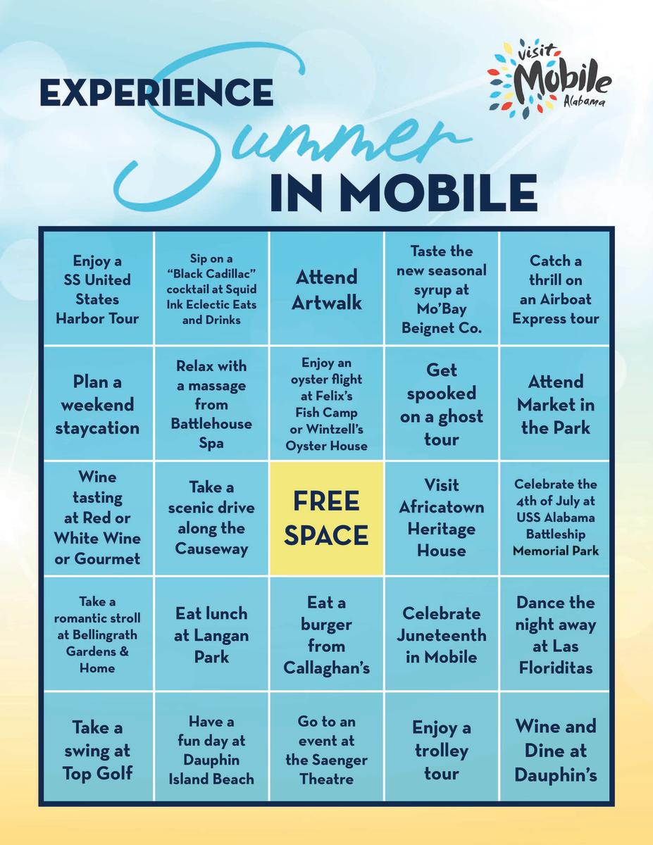 Graphic featuring summer activities and things to do in Mobile for adults.