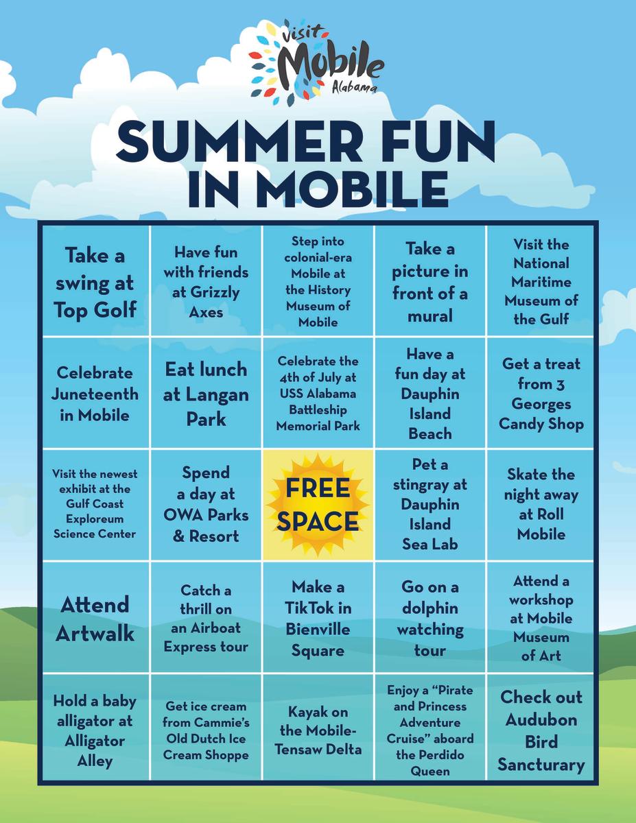 Graphic featuring summer activities and things to do in Mobile for children.