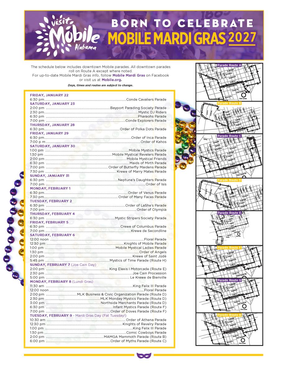A graphic with the Visit Mobile logo in the top left corner alongside the header "Born to Celebrate / Mobile Mardi Gras 2027" above a schedule of all Mardi Gras parades in the city of Mobile, along with schematics of the routes.