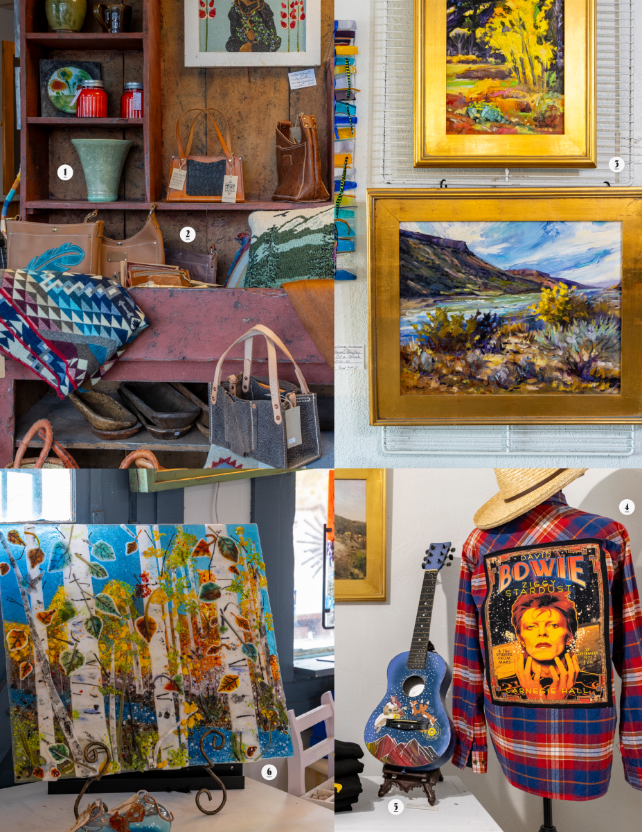 1 John Haines pottery, $10–$350. 2 Hogue Leather purses, $40–$475. 3 Ramona Bagley paintings, $1,100–$3,500. 4 Sugarcoated by Reva embellished flannel shirts, $120–$195. 5 Marika Guthrie painted guitar, $185. 6 Pamela McCann fused glass, $3,200.