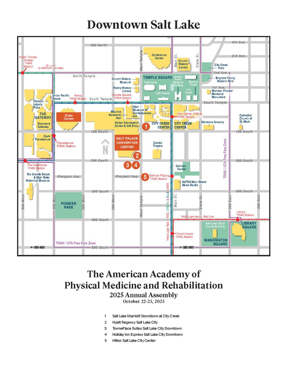 Map of Downtown Convention District in Salt Lake City with list of hotels and locations for the following - Salt Lake Marriott Downtown at City Creek, Hyatt Regency Salt Lake City, TownePlace Suites Salt Lake City Downtown, Holiday Inn Express Salt Lake City Downtown, and Hilton Salt Lake City Center.