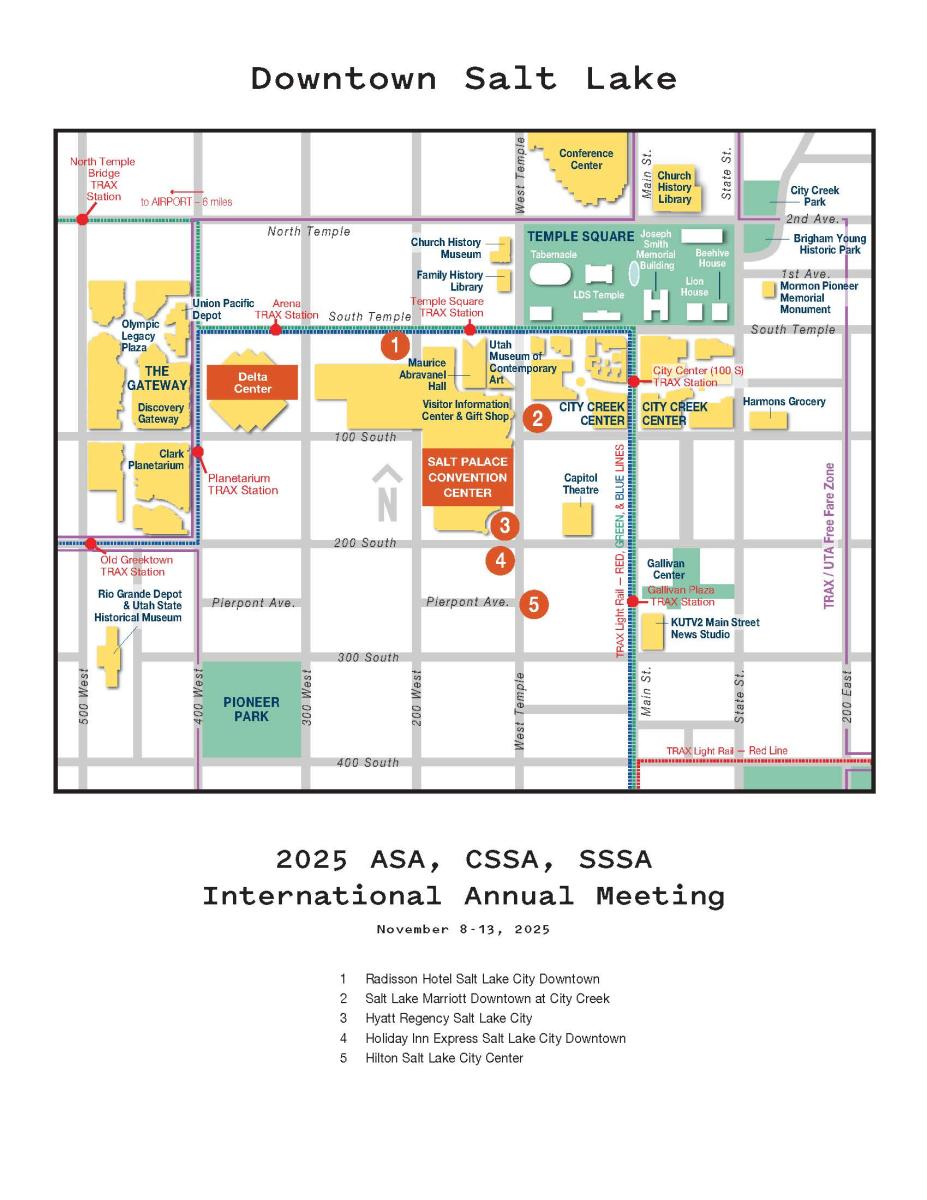 Map outline of Salt Palace convention center and 3 blocks around it in all directions. Map points out headquarter hotels Radisson, Salt Lake Marriott Downtown at City Creek, Hyatt Regency, Holiday Inn Express, and Hilton Salt Lake City Center.