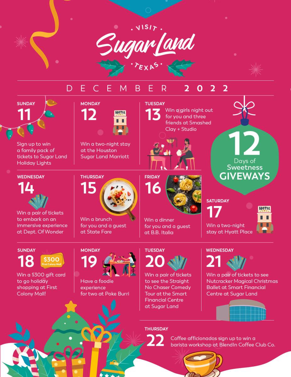 pink calendar showcasing various giveaways featured for the holidays